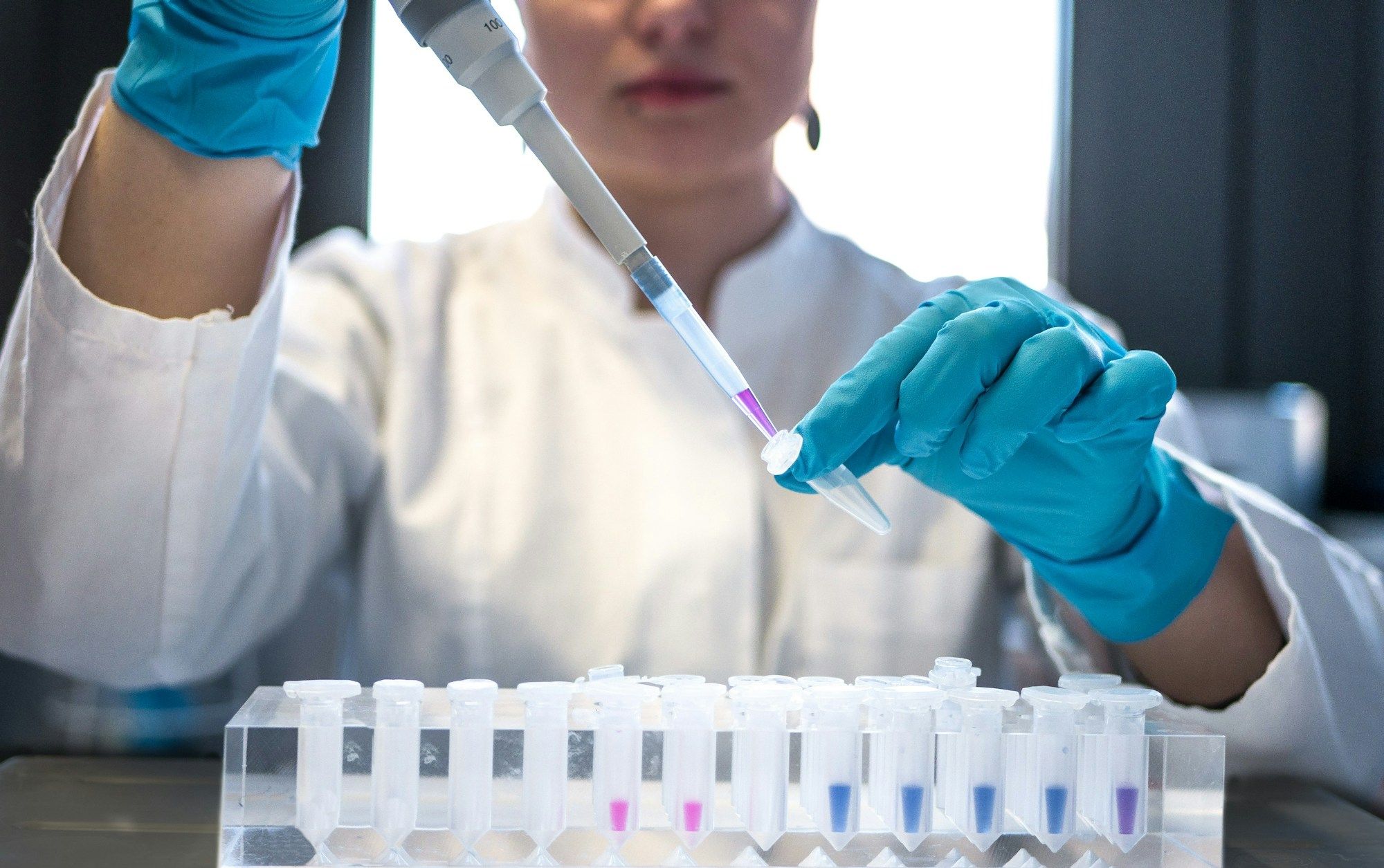 Analyst pipetting samples for laboratory testing