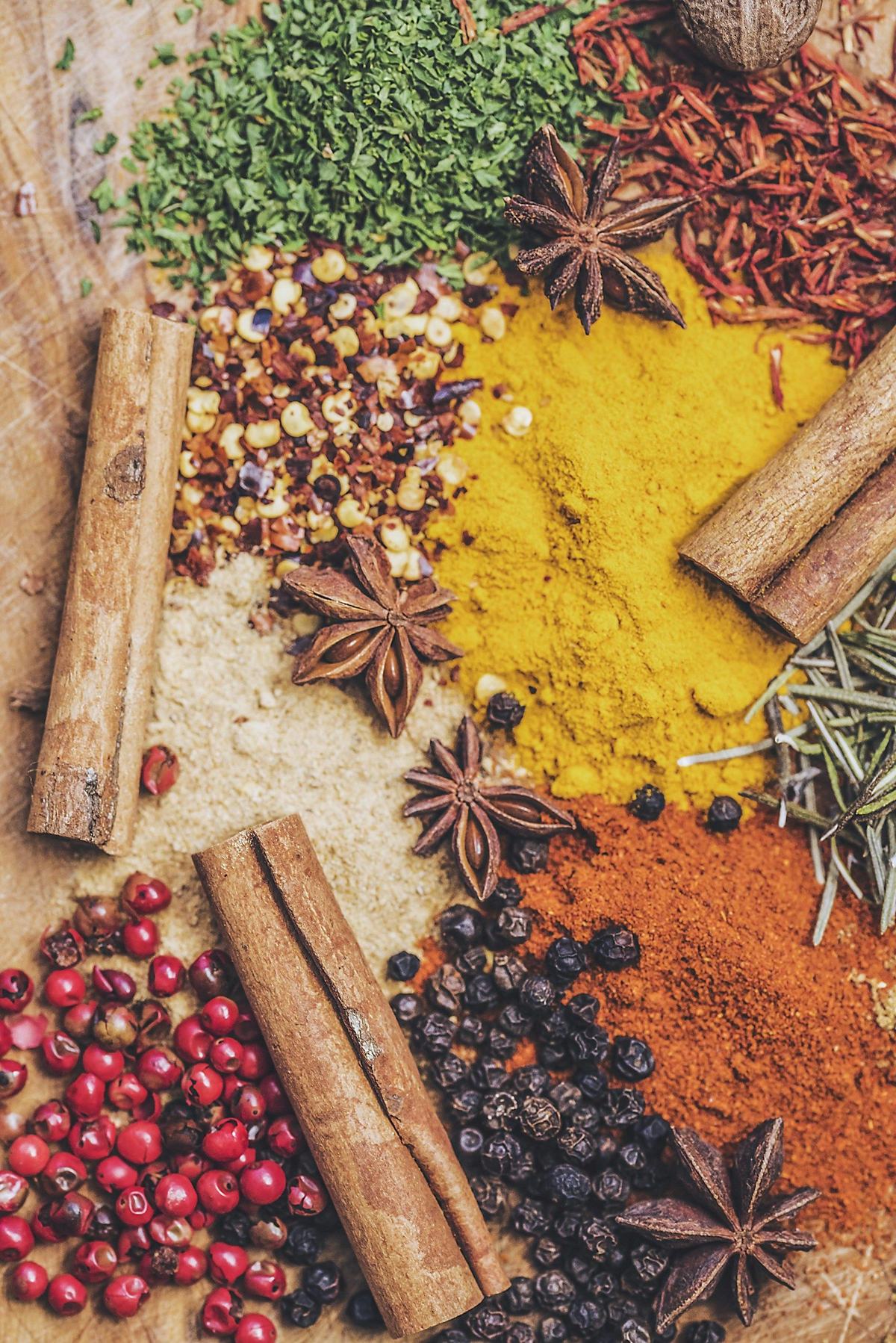 Cinnamon, star anise, peppercorns and other whole spices